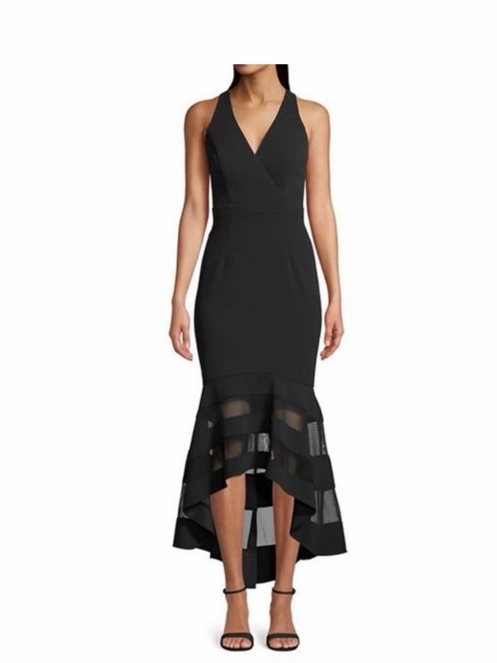Xscape Black Sleeveless V-Neck Hi-Low Sheer-Panel Dress